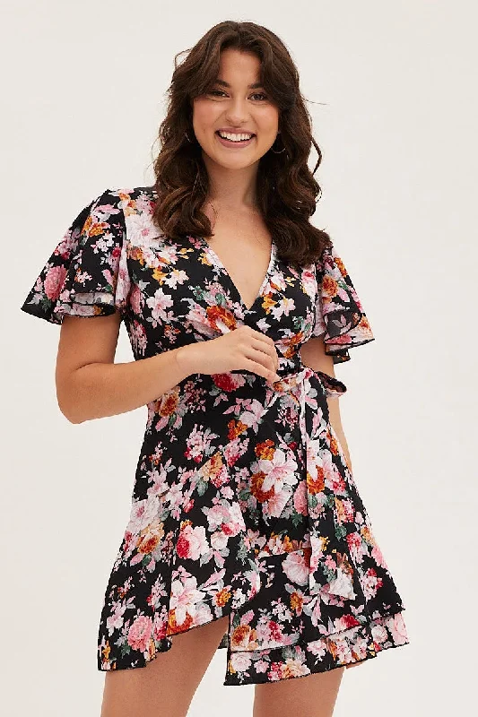 Black Floral Wrap Mini Dress High-end mini dresses