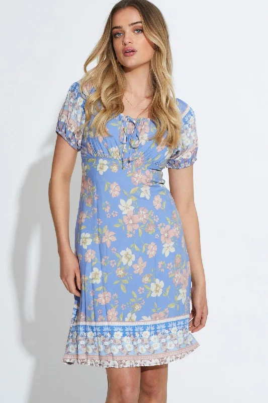 Boho Print Mini Dress Short Sleeve Off-shoulder mini dresses