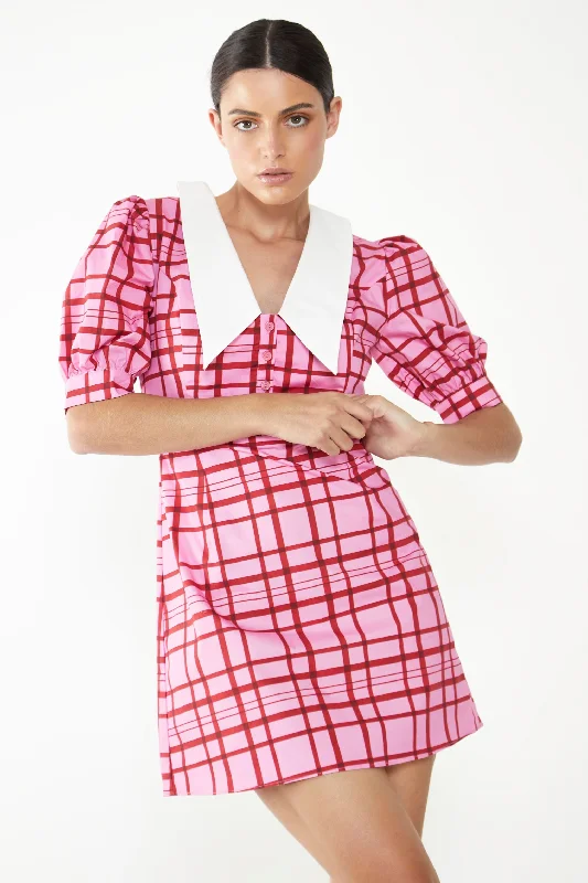 Glamorous Short Puff Sleeve Pink Red Grid Check Mini Dress with Collar Detail Satin mini dresses