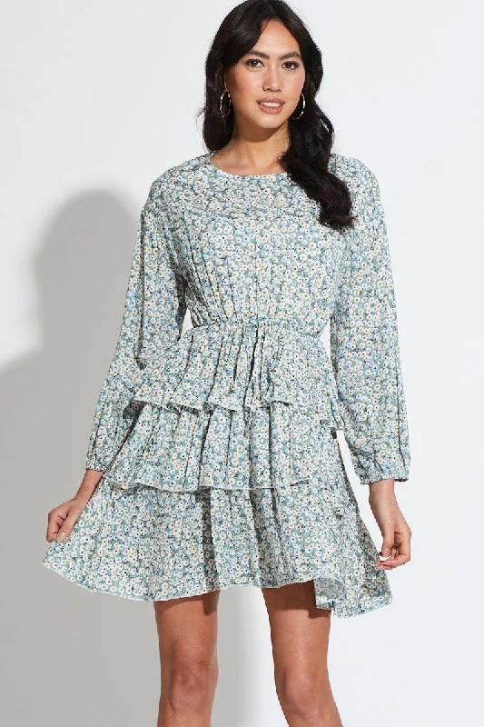 Print Mini Dress Long Sleeve Denim mini dresses