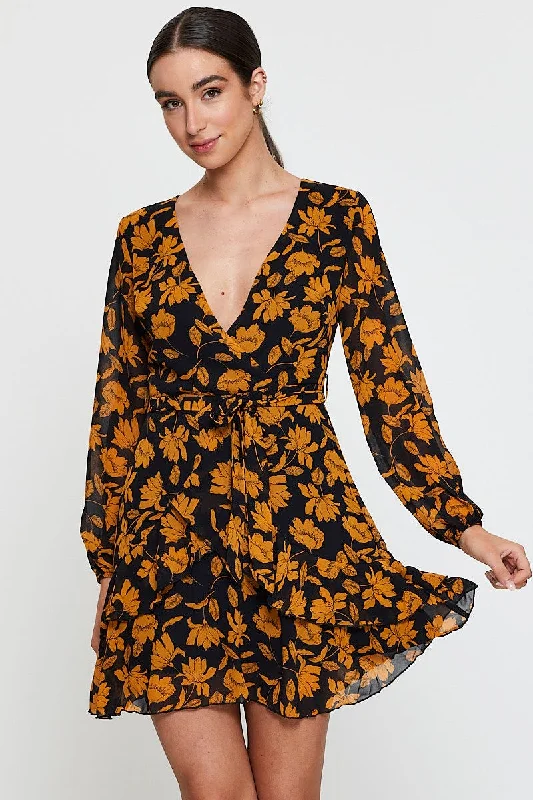 Print Mini Dress Long Sleeve Evening