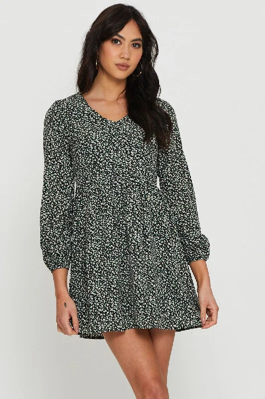 Print Mini Dress Long Sleeve V Neck Best mini dresses for elegant looks