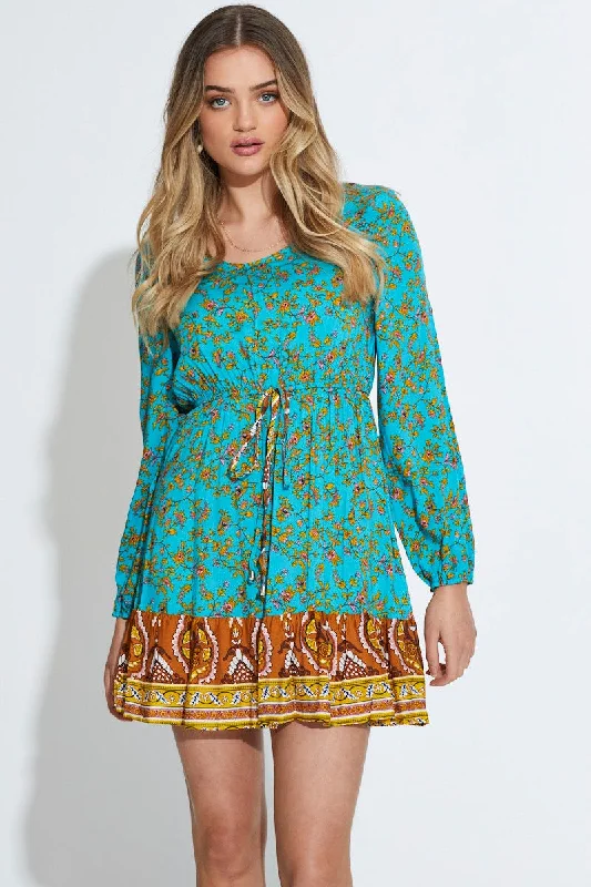 Print Mini Dress Long Sleeve V Neck Fashion-forward mini dresses