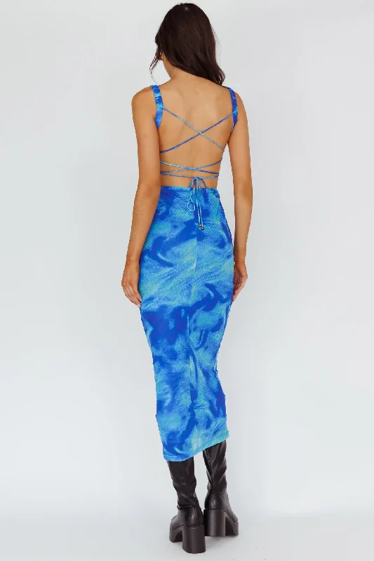 Dream Crush Lace-Up Back Side Split Maxi Dress Swirl Blue