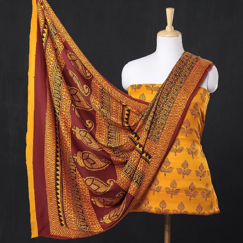 Yellow - 3pc Bagh Block Printed Modal Silk Suit Material Set