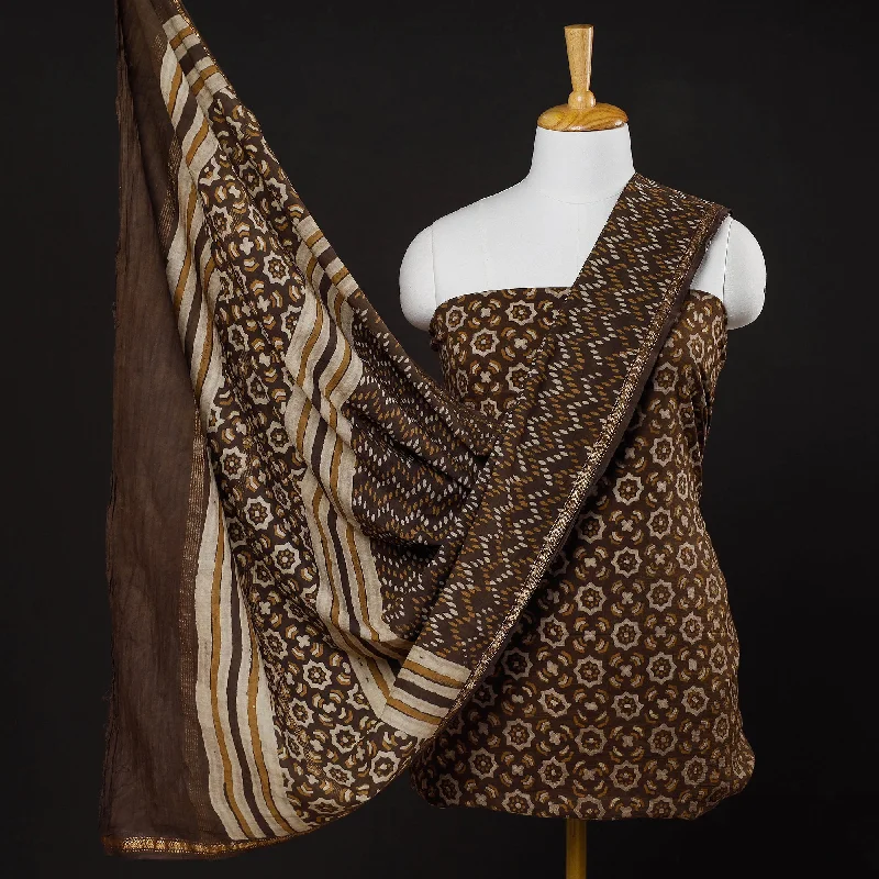 Brown - 3pc Akola Block Printed Cotton Suit Material Set