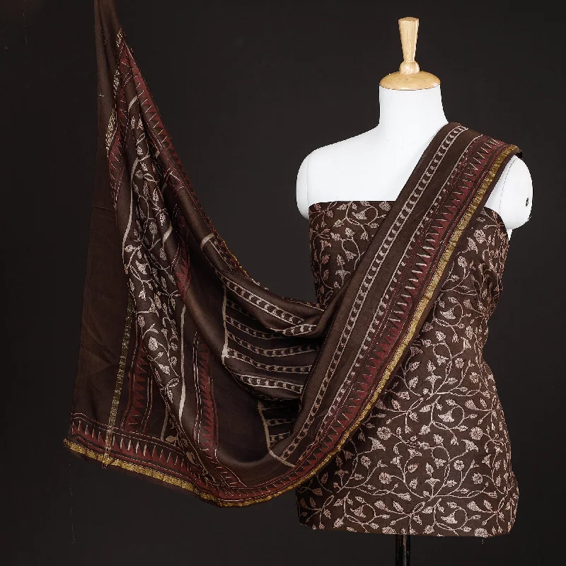 Brown - 3pc Akola Block Printed Chanderi Silk Suit Material Set