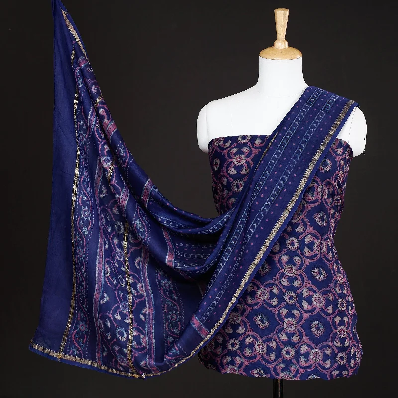 Purple - 3pc Akola Block Printed Chanderi Silk Suit Material Set