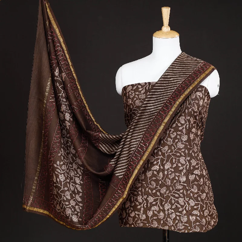 Brown - 3pc Akola Block Printed Chanderi Silk Suit Material Set