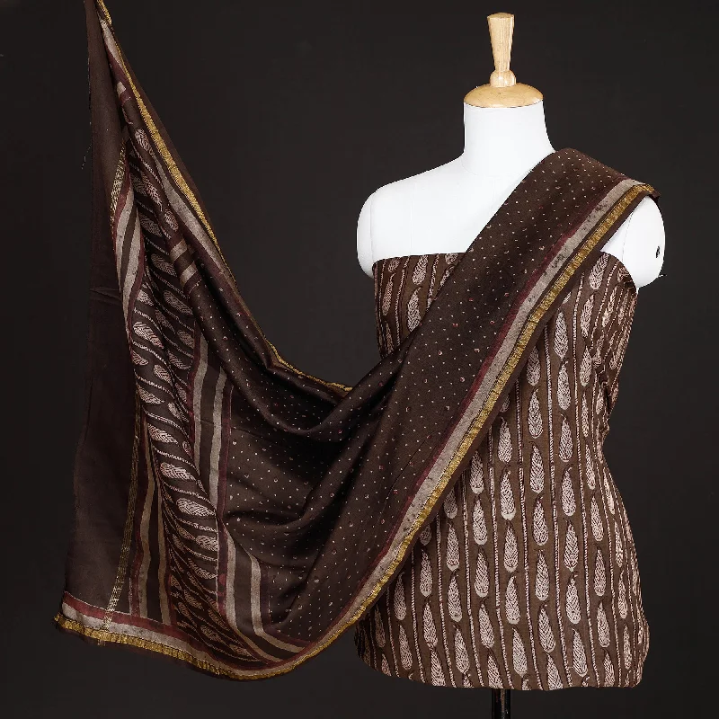 Brown - 3pc Akola Block Printed Chanderi Silk Suit Material Set