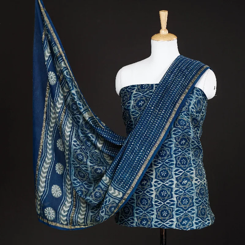 Blue - 3pc Akola Block Printed Chanderi Silk Suit Material Set