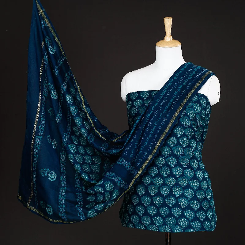 Blue - 3pc Akola Block Printed Chanderi Silk Suit Material Set