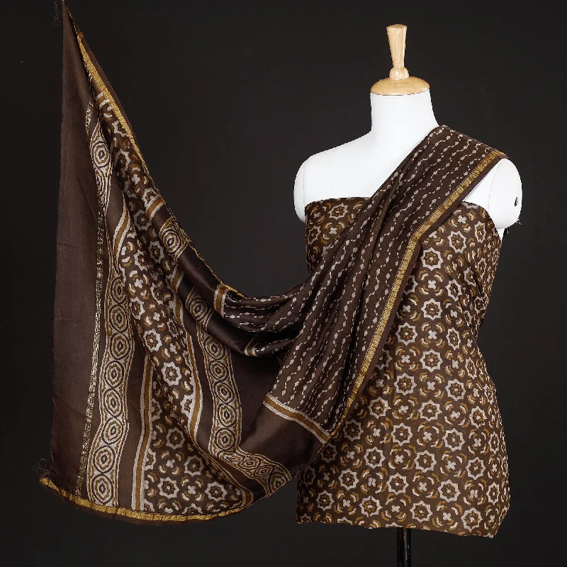 Brown - 3pc Akola Block Printed Chanderi Silk Suit Material Set