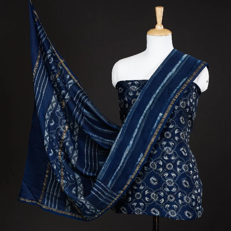 Blue - 3pc Akola Block Printed Chanderi Silk Suit Material Set