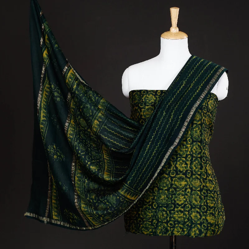 Green - 3pc Akola Block Printed Chanderi Silk Suit Material Set