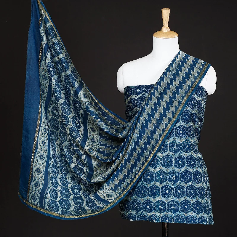 Blue - 3pc Akola Block Printed Chanderi Silk Suit Material Set