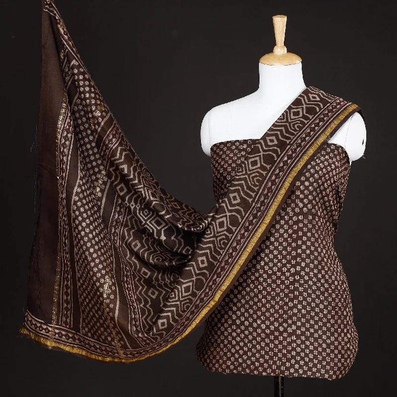 Brown - 3pc Akola Block Printed Chanderi Silk Suit Material Set