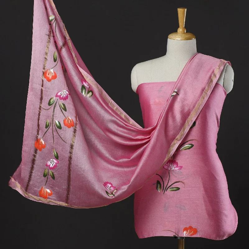 Pink - 3pc Hand Painted Chanderi Silk Suit Material Set 08