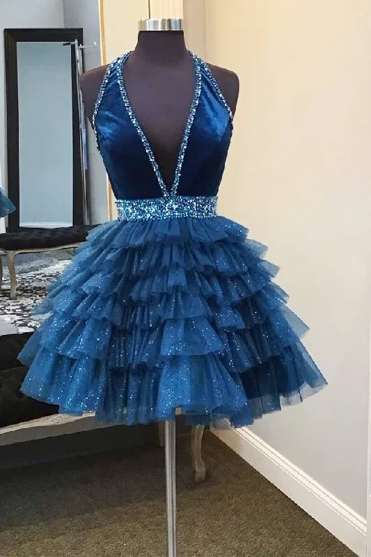 Blue Halter Multi-Layered Tulle Homecoming Dress