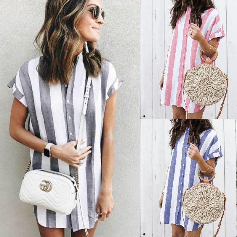 Casual Striped Loose Short Sleeve Shirt Dress Designer unclassified dresses