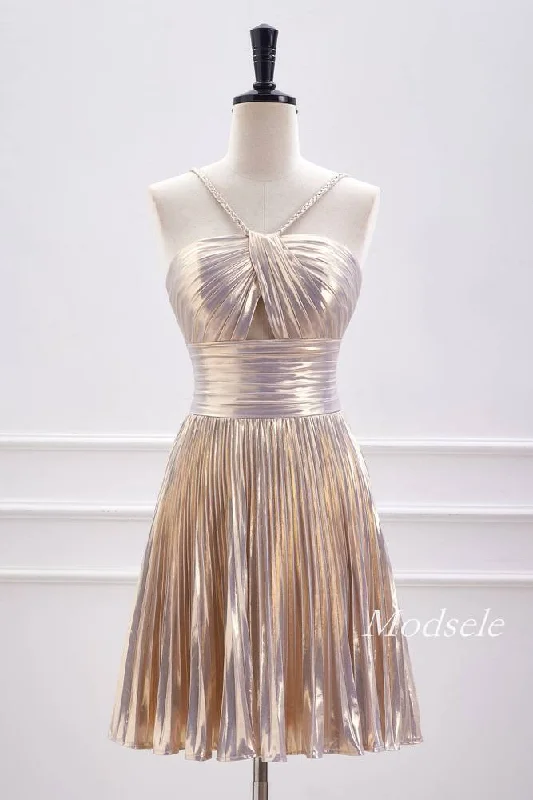 Champagne Metallic Spaghetti Strap Pleated A-Line Homecoming Dress