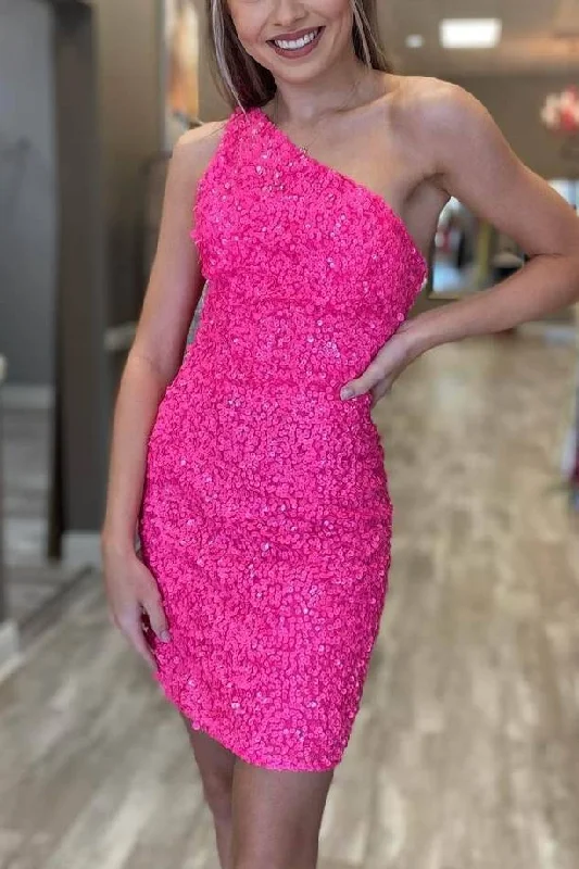 Classic One Shoulder Sleeveless Sequins Tight Party Homecoming Dress