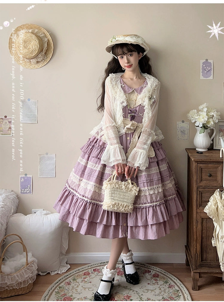 Ball Cat~Purple Wind Bell~Elegant Cotton Lolita JSK Flounce Hem Purple Dress and Bonnet