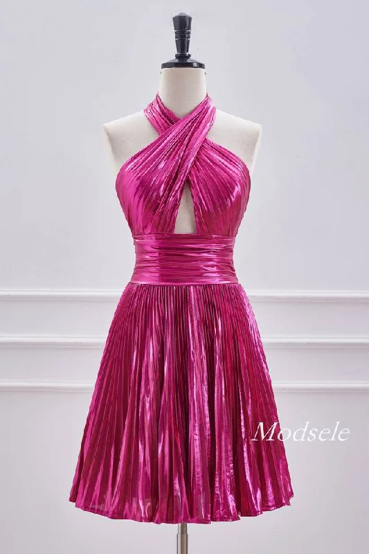 Crossed Halter Metallic Fuchsia Pleated Homecoming Dress