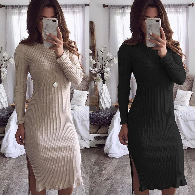 Fashion Women's Solid Color Long Sleeve Slim Knit Dress