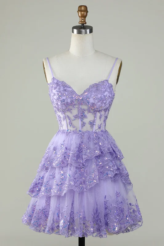 Glitter Lace Corset Ruffle Tiered Short Homecoming Dress