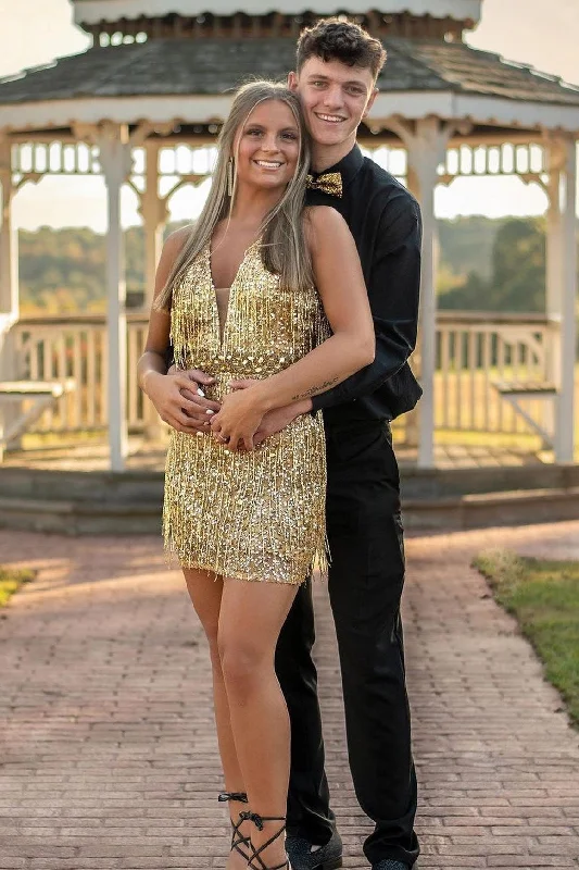 Gold Sequin Fringe Plunge V Bodycon Short Homecoming Dress