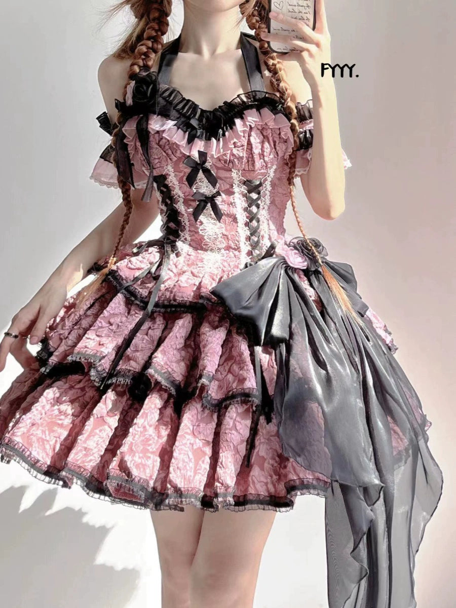 Xingweimian~Medea's Kiss~Gothic Lolita Dress Tiered Hem Pink JSK Dress Set