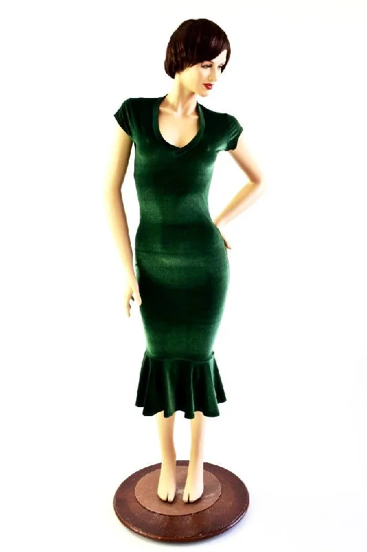 Green Velvet Ruffled Wiggle Dress