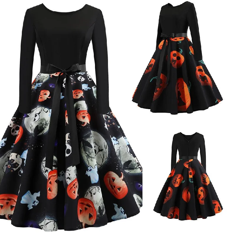 Halloween Round Neck Retro Print Long-Sleeved Big Swing Dress