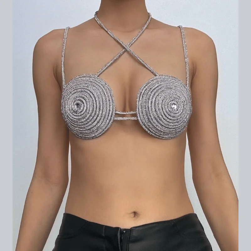 Halter beaded metal chain contrast bra top