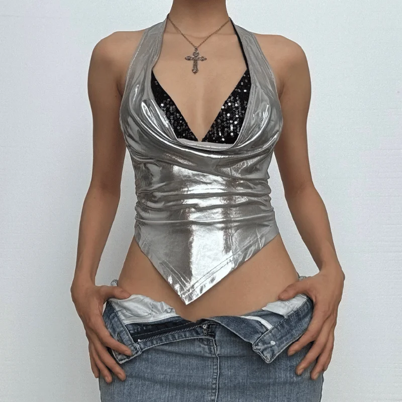 Halter metallic glitter cowl neck ruched 2 piece top