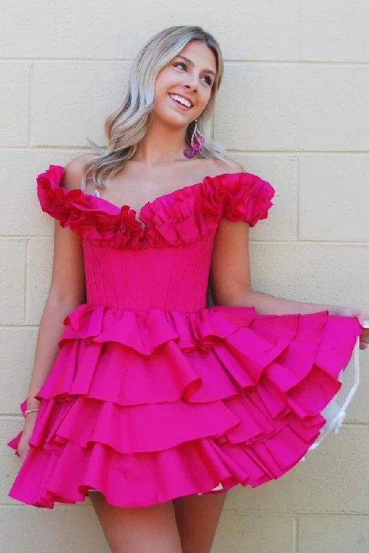 Hot Pink Off the Shoulder Ruffle Satin A-Line Empire-Waist Short Homecoming Dress