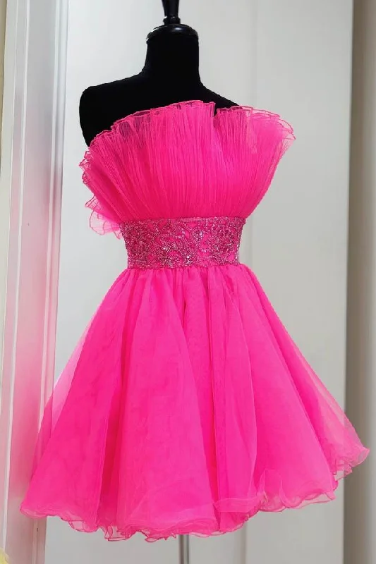 Hot Pink Strapless A-line Tulle Homecoming Dress