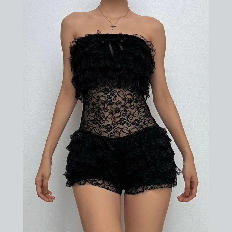 Lace ruffle bowknot tube romper