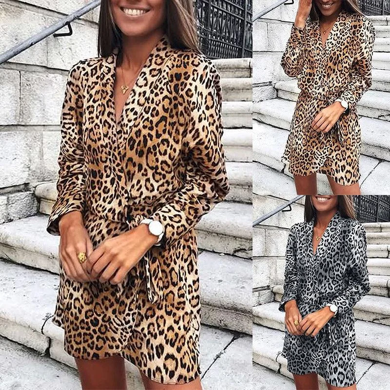 Leopard Print Long Sleeve V-Neck Irregular Dress