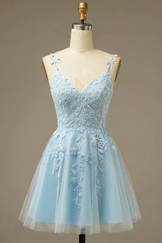 Light Blue Appliques A-line Short Homecoming Dress