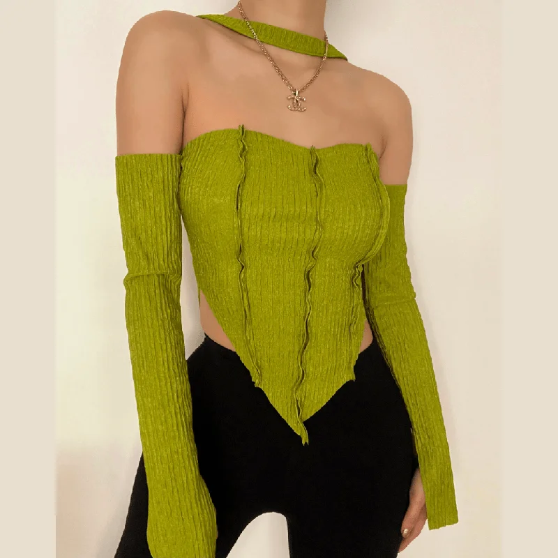 Long sleeve off shoulder patchwork halter top