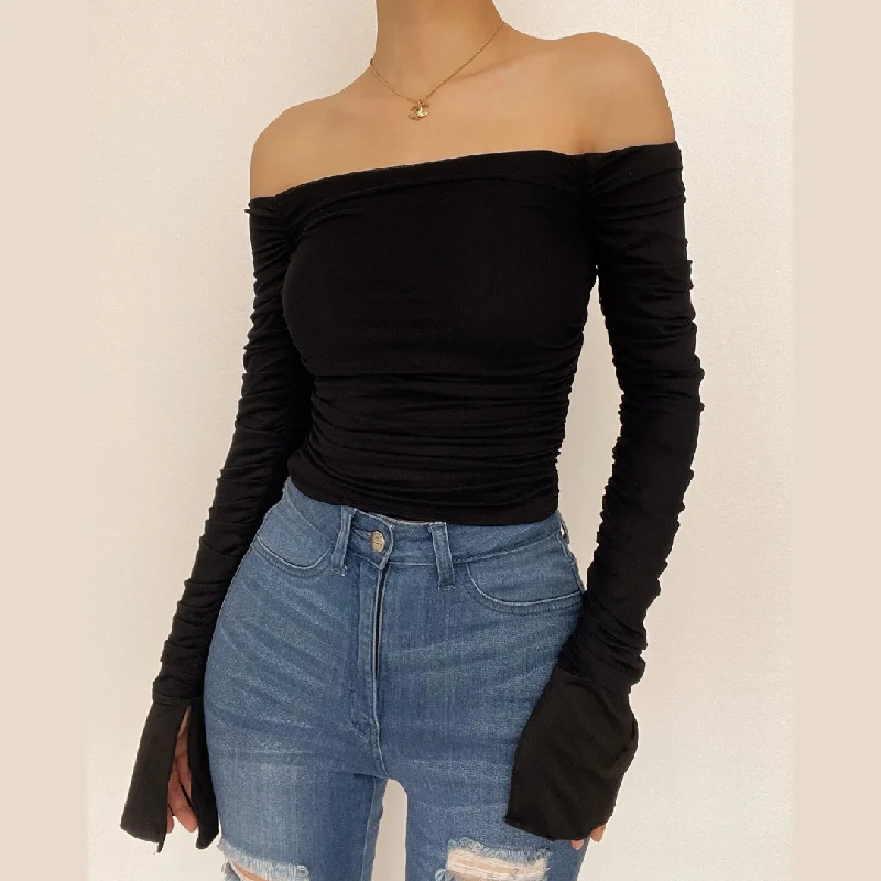 Double layered mesh off shoulder ruched long sleeve solid crop top