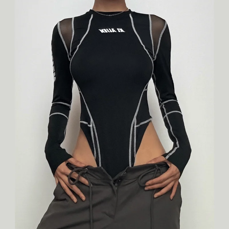 Mesh stitch contrast crewneck long sleeve bodysuit