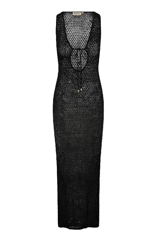 Monte Carlo Tie Dress - Black Lace Crochet Travel unclassified dresses