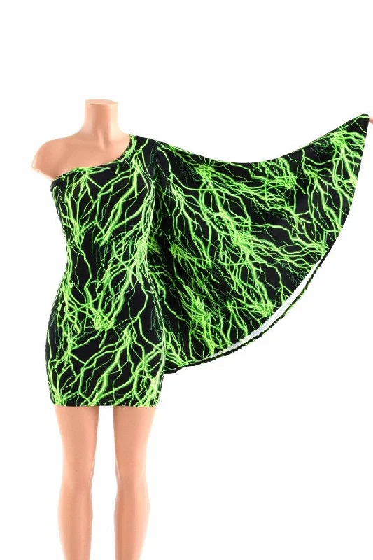 Neon Lightning One Shoulder Fan Sleeve Dress