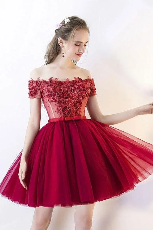 Off the Shoulder Red Floral Short Homecoming Dress