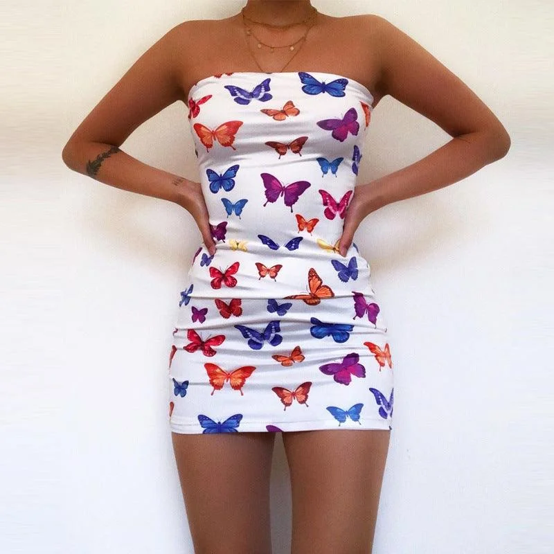 Off-the-shoulder tube top butterfly print dress