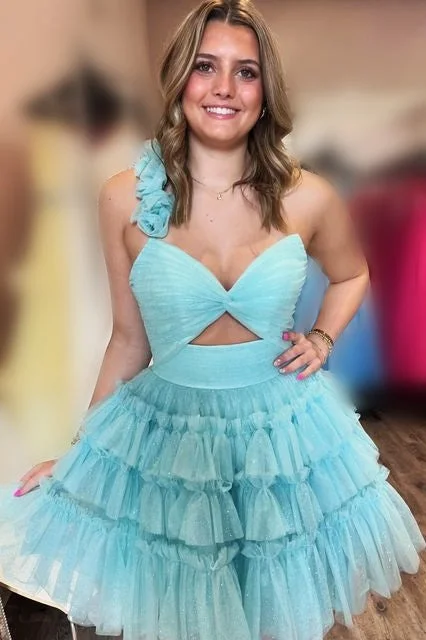 One Shoulder Light Blue A-Line Layered Tulle Homecoming Dress