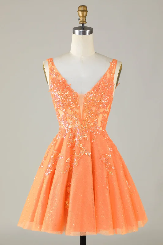 Orange Glitter Applique V-Neck A-Line Homecoming Dress